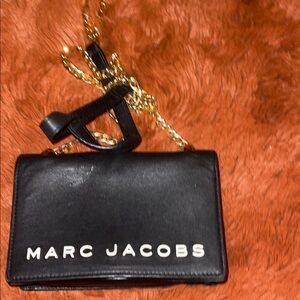 Marc Jacobs Black Leather Crossbody with Gold Chain Strap and White Logo